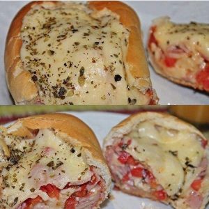 Pizza de Pão Francês no Forno com Presunto e Queijo