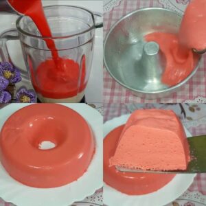 Pudim de Geladeira de Morango com Calda
