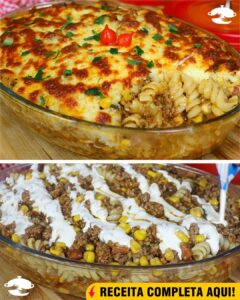 Macarrão de Forno Cremoso com Carne Moída, Presunto e Queijo