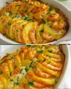 Batata Gratinada com Camarão e Molho Branco
