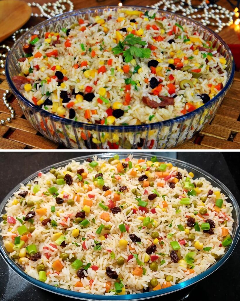 Arroz natalino com calabresa, legumes, milho e uvas-passas