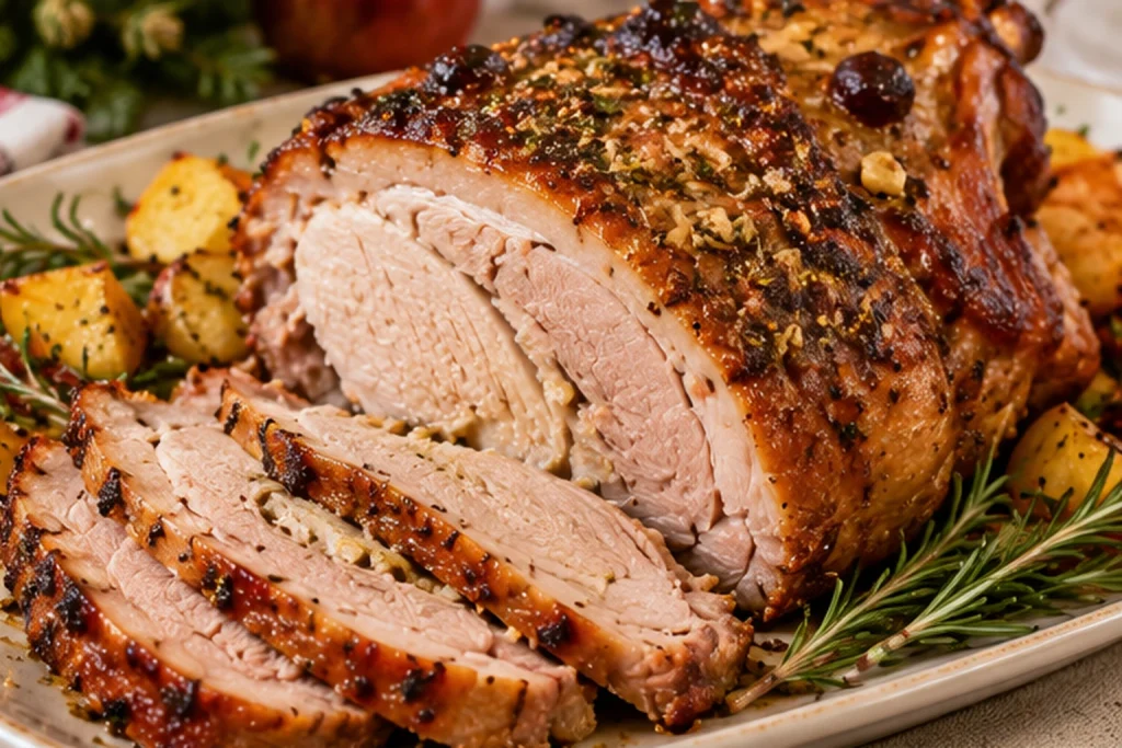 Pernil suíno assado, dourado por fora e fatiado, servido com batatas e alecrim